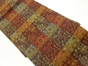 変わり格子に向かい鳥・花葉・華紋模様織出し名古屋帯